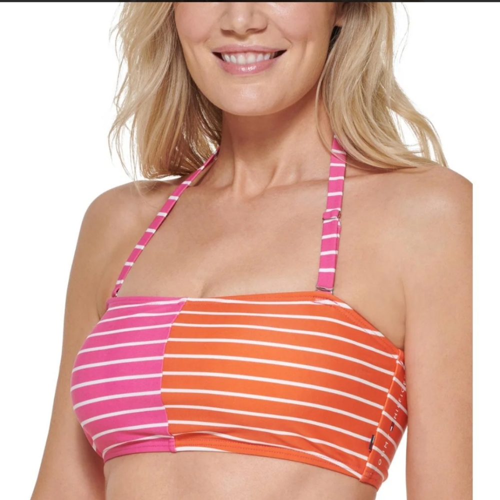 Tommy Hilfiger Striped Pink and Orange Halter Bikini Top